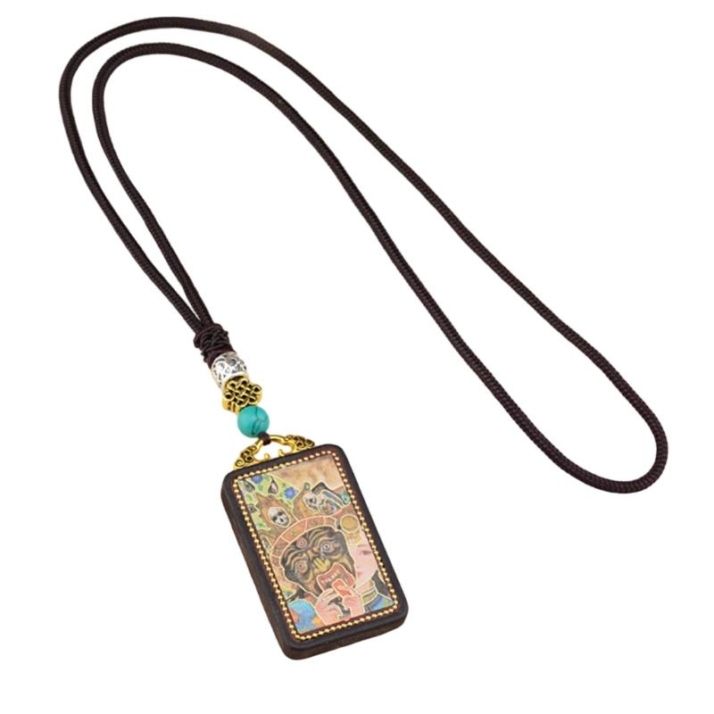 Hand Carved Tibetan Thangka Necklace Featuring Ebony Wood Pendant Copper Accent for Cultural Expression