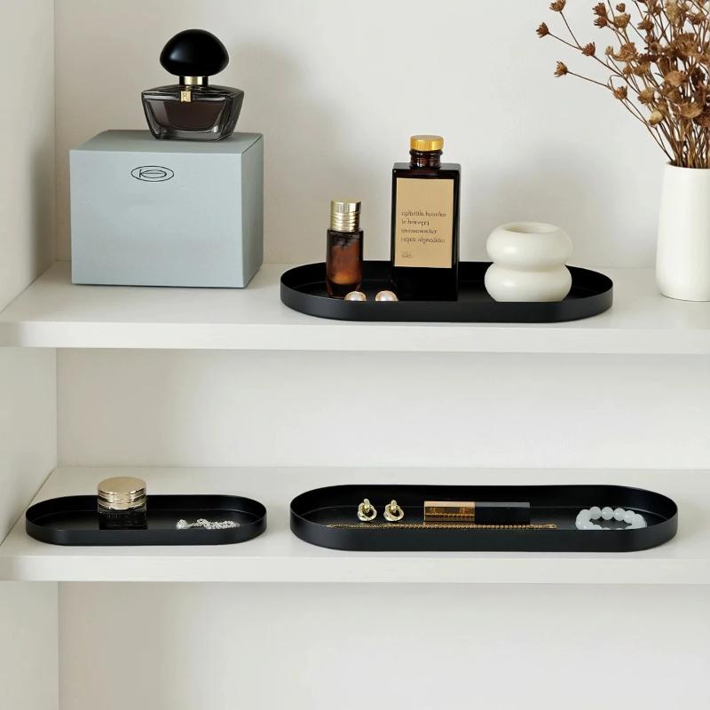 Oval Long Metal Storage Tray Matte Cream Decorative Organizer Plate for Bathroom Vanity Jewelry Cosmetic Holder