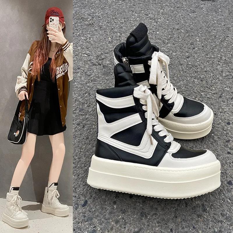 Fashion Women Chunky Platform Shoes Woman Ankle Boots,High-top Sneakers Riding Casual Flats Retro Designer Sneakers Street Club Footwear