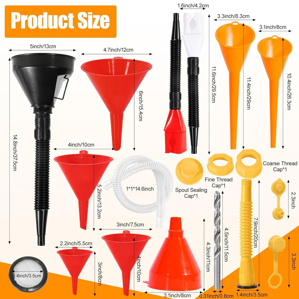 17 Pcs Automotive Funnel Set & Gas Can Spout Replacement, Funnels For Automotive And Kitchen Use,Plastic Long Neck Oil Funnel, Flexible Right Angle