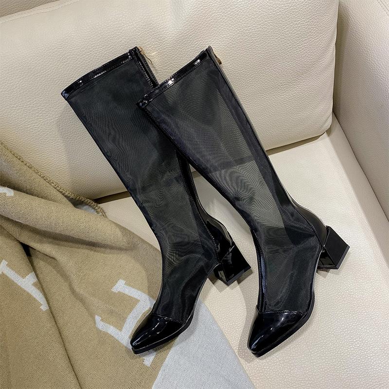 Women's high-heeled net boots spring and summer new thick-heeled large-size splicing cool boots