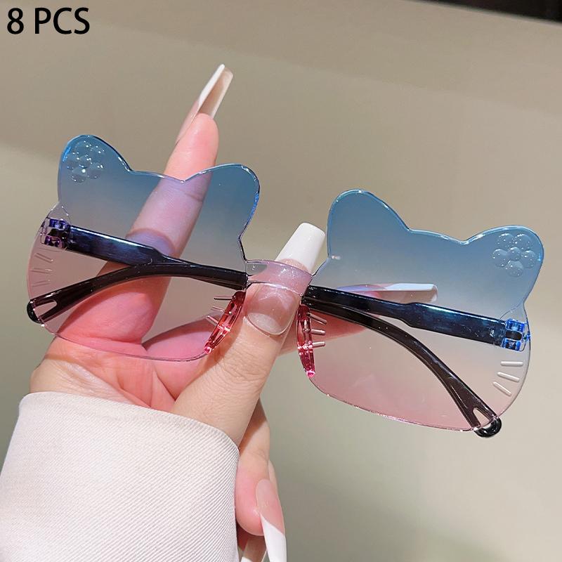 8 Pcs Cute Cat Shaped Sunglasses for Kids Fashion Gradient Multi-color Decor Girls Shades Trendy Rimless Stylish Sun Glasses