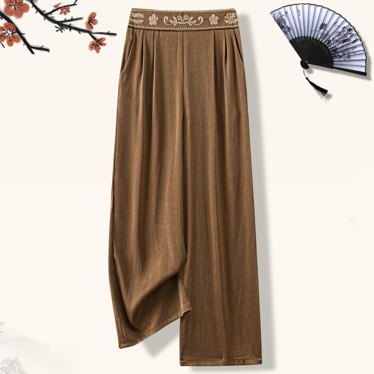 

Chinese National Style Casual Embroidered Straight-Leg Pants with Elastic Waist - Slimming, Retro Design XL for 90-110 kg кофейный