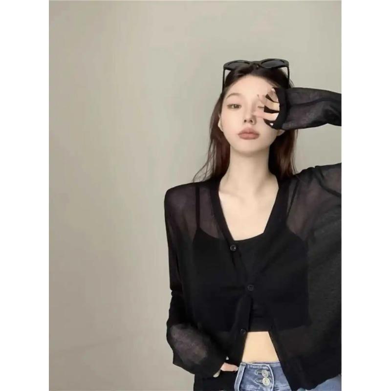 

Черный ледяной шелк, вязаный солнцезащитный кардиган, женский летний кардиган с слингом, уличная свободная блузка с кондиционером, тонкая верхняя одежда, топ