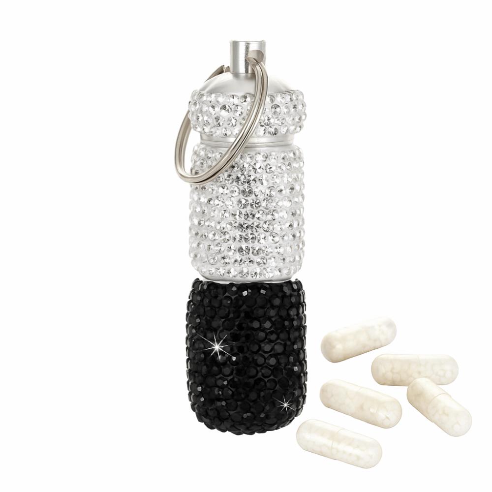 with Keychain Bling Pill Case Rhinestone Rhineston Pill Container Portable Cute Storage Box Travel