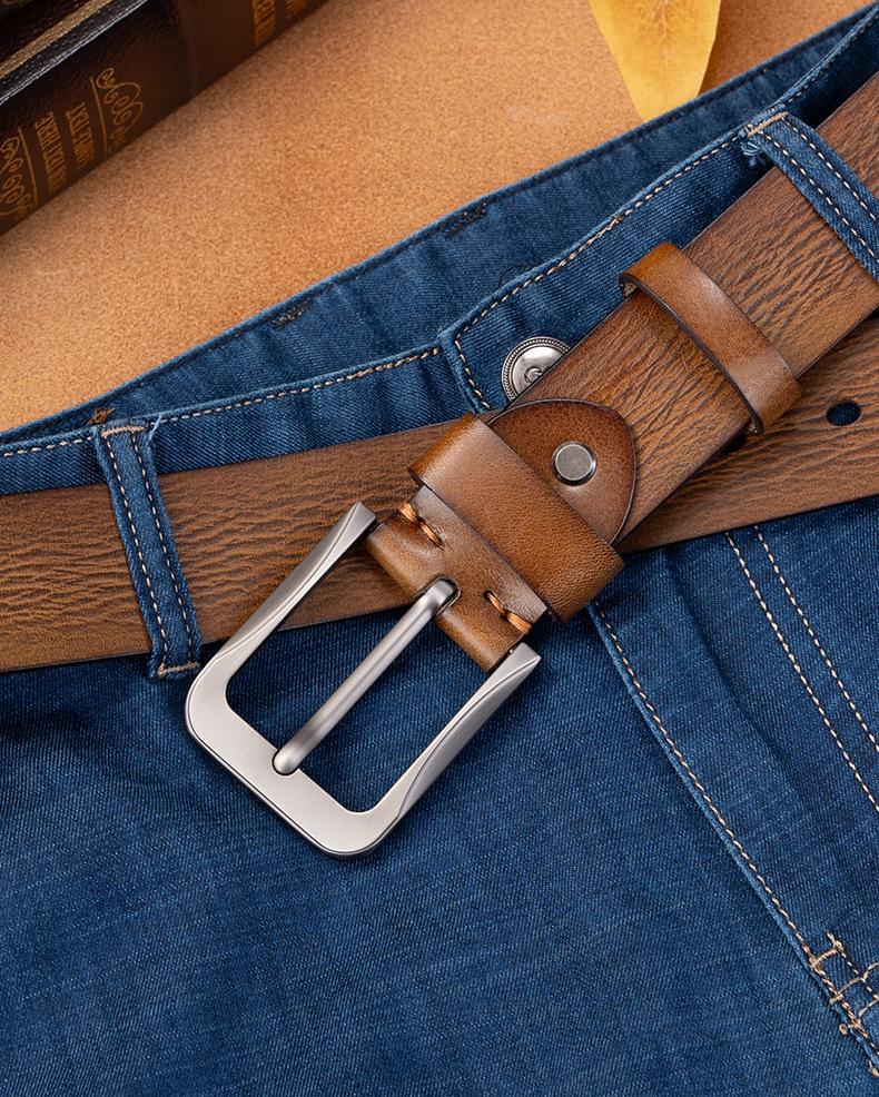 Men's Retro Vegetable-Tanned Leather Belt - Genuine Cowhide, Handmade, Casual Versatile Style