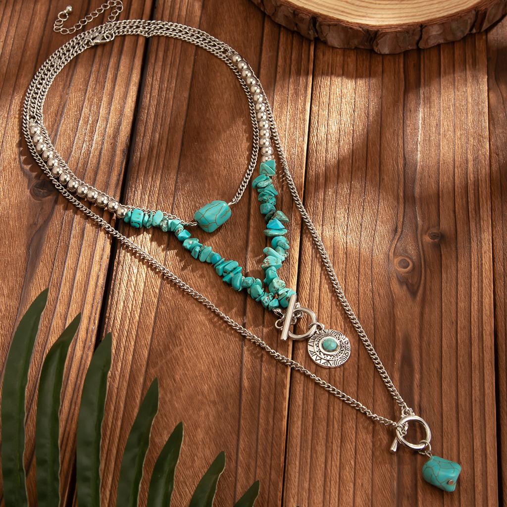Retro Imitation Turquoise Cow Head Collarbone Necklace, Exotic Ethnic Style Cactus Stacked With Beaded Necklace