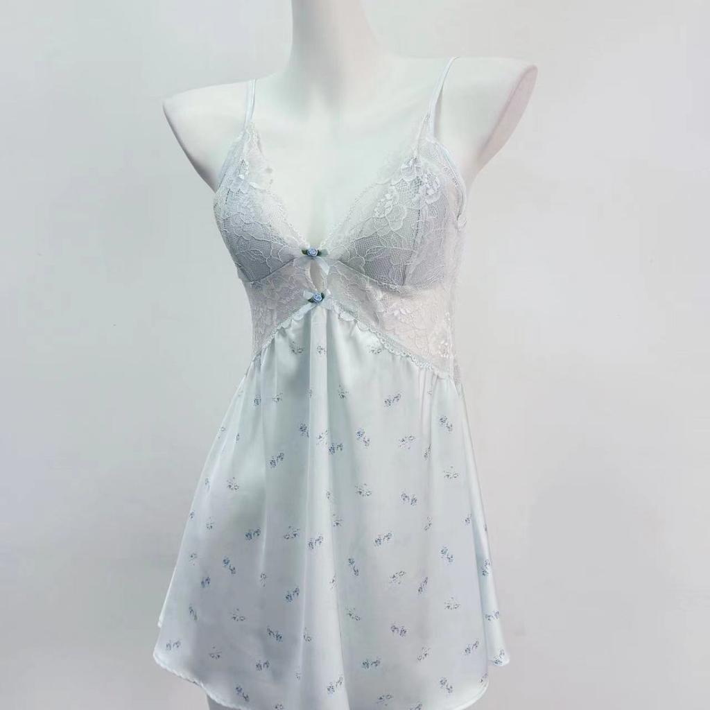 Ice Silk Floral Suspender Nightdress Lace Splicing Sexy Loungewear Women's Summer Thin Private Pajamas Direct Supply