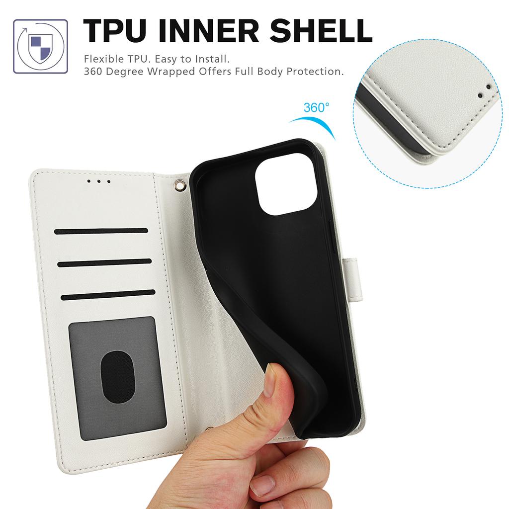 SY-003 For iPhone 15 Plus/14 Plus Case PU Leather Stand View Phone Wallet Cover with Hand Strap