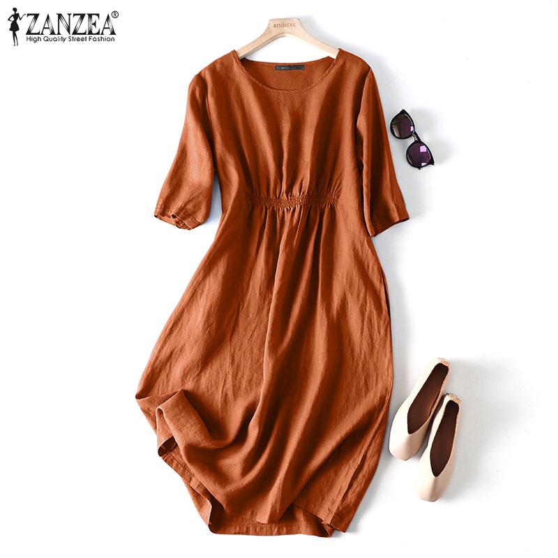 

ZANZEA Летнее платье женское однотонное хлопковое платье с круглым вырезом и половиной рукавов
