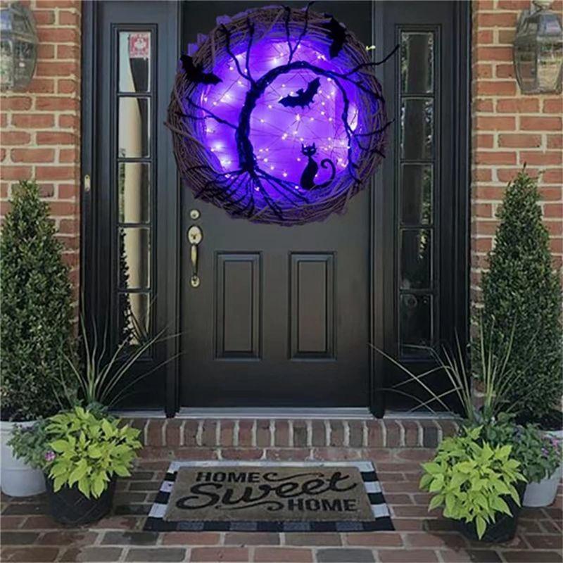 A84X-Halloween Wreaths For Front Door, 11.8Inch Lighted UP Bat And Cat Halloween Wreath With Purple LED Lights Durable