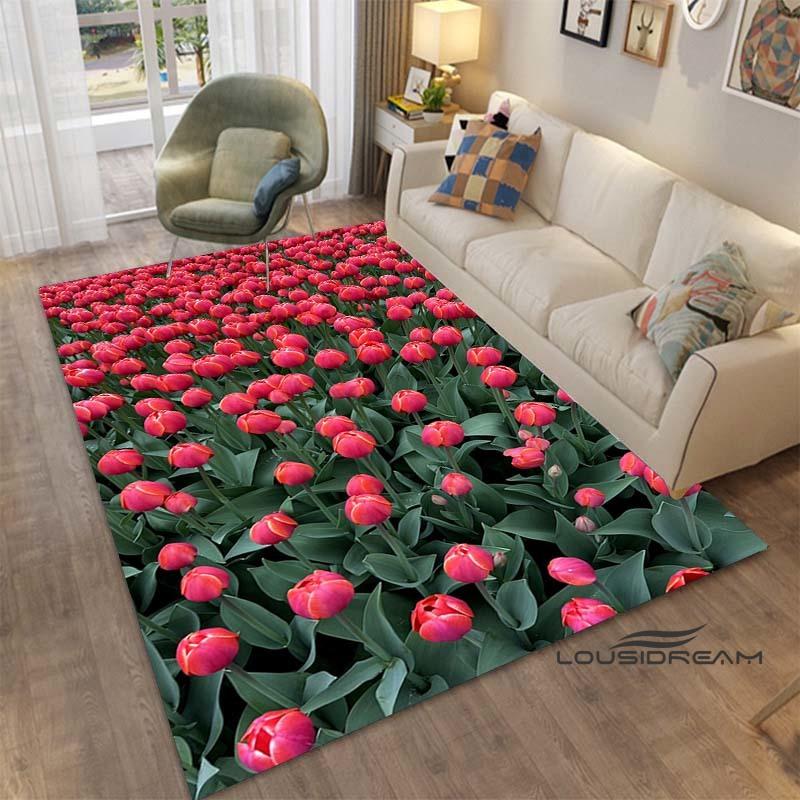 Sunflower Tulip Field Rug for Living Room, Bedroom, Coffee Table, Modern Non-slip Home Decor Area Rugs Customizable