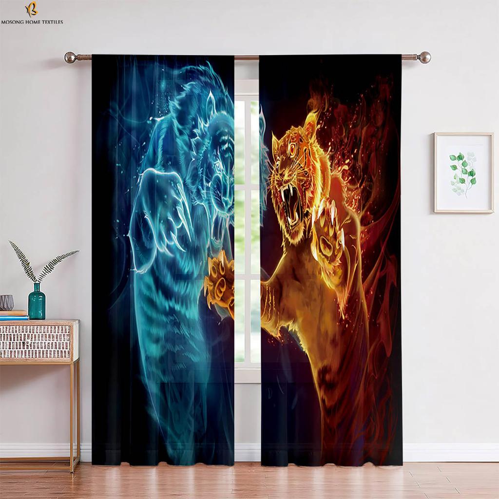 Vatten och Eld Polarvarg 3D-tryckt Gardin med Kanal för Stång Fönsterdekoration Gardin Sovrum Vardagsrum Kök Gardin 2 Delar