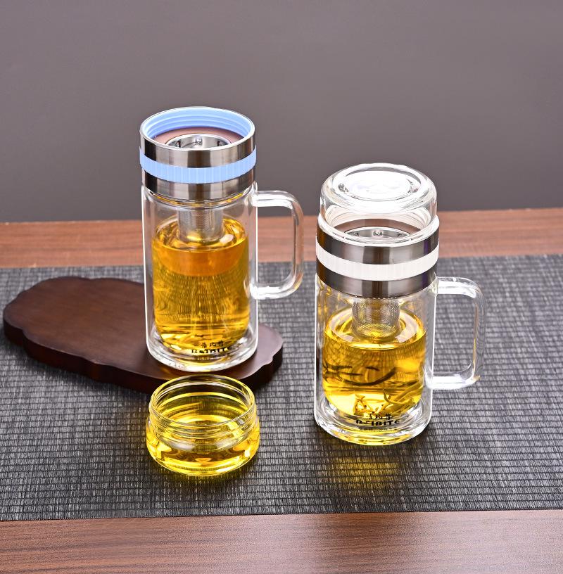 High Temperature Resistant Large Capacity Glass Tea Cup with Infuser, Double-Walled, Heat Insulated, and Portable Borosilicate Glass.