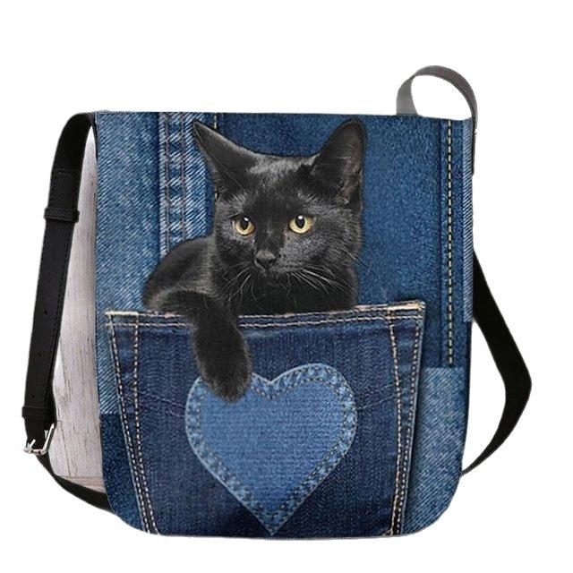 

New Arrivals Washable Reusable Denim Lightweight Durable Shoulder Crossbody Bag, Custom Personalized Chic Cat Print Travel Bag