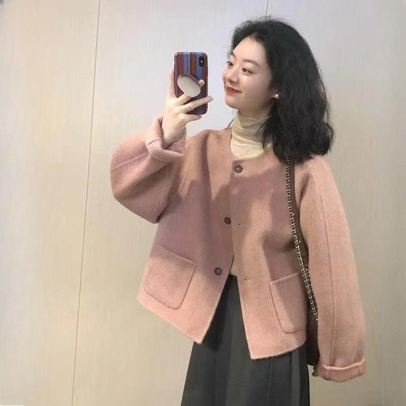 Pink Short Wool Coat Women Autumn Winter Korean Style Elegant Tweed Jacket