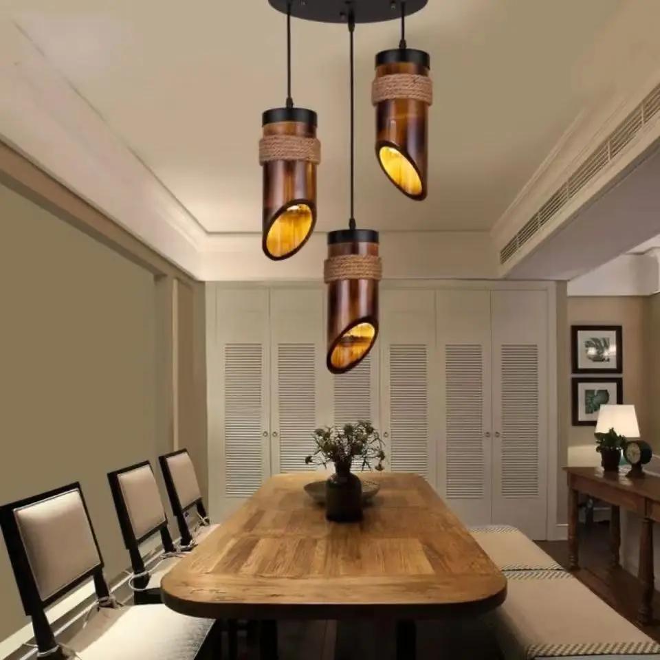 Nature Bamboo Tube Pendant Light New Chinese Style Hemp Rope Decoration Wooden Hanging Lamp for Dining Restaurant Homestay Hotel