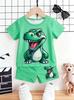 Toddler Boys Cartoon Dinosaur 2 Piece Outfit, Summer Short Sleeve Set for Kids, Comfortable Playwear & Daily Clothes