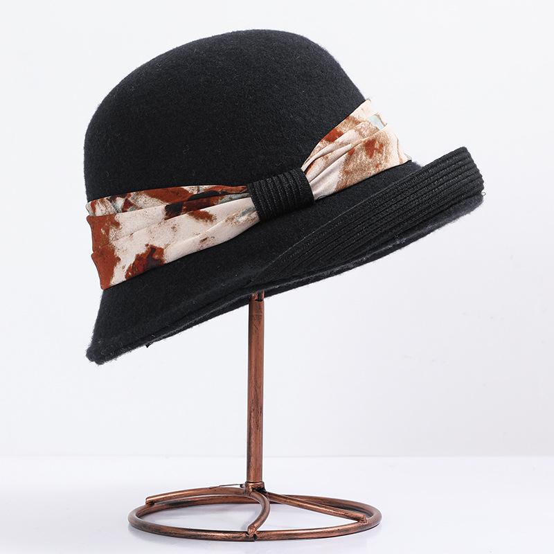 Wool hat women's autumn and winter versatile basin hat Australian wool retro elegant top hat rolled brim bucket hat