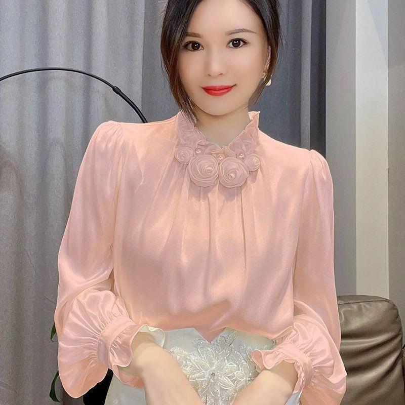 Feenhaft Süßes 3D Blumen Satinhemd - 2024 Frühling Elegantes Vielseitiges Oberteil