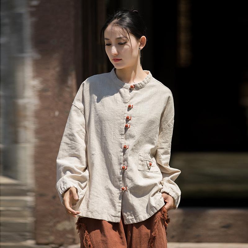 Johnature Women Vintage Shirts Tops Stand Long Sleeve Blouses Autumn Button Solid Color Chinese Style Shirts