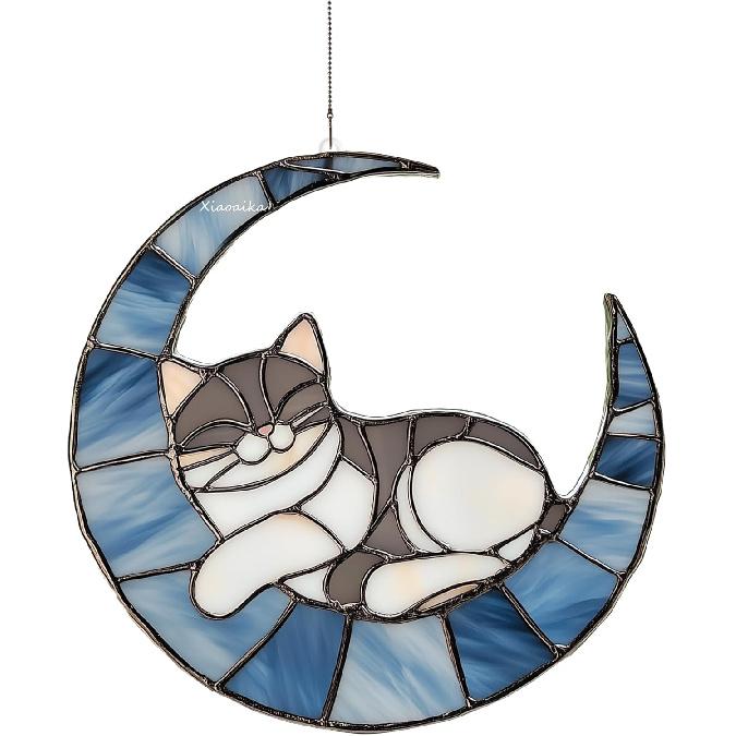 Acrylic Stained Glass Style Blue Moon Cat Window Hanging, Lightweight Faux Stained Glass Suncatcher for Home Decor, Cat Wall Decoration, Ideal for