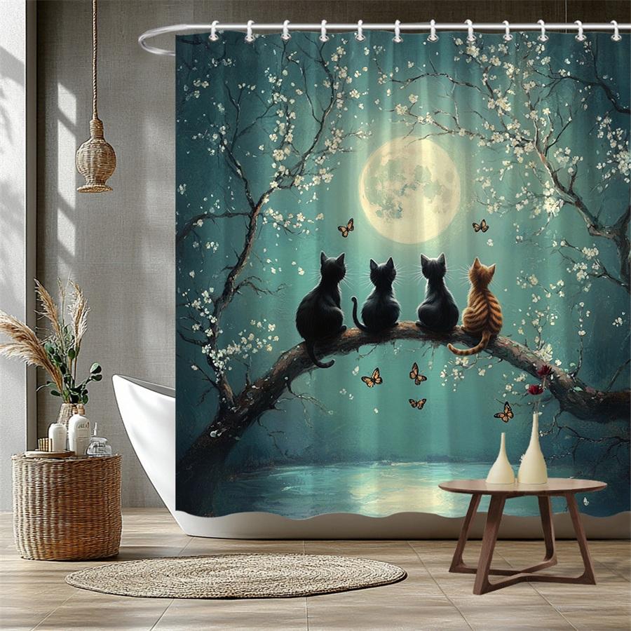 

1pc Moonlight Cats Shower Curtain - Surreal Fantasy Digital Art with Four Cats on Blossom Branch, Vibrant Color Print 90X180CM
