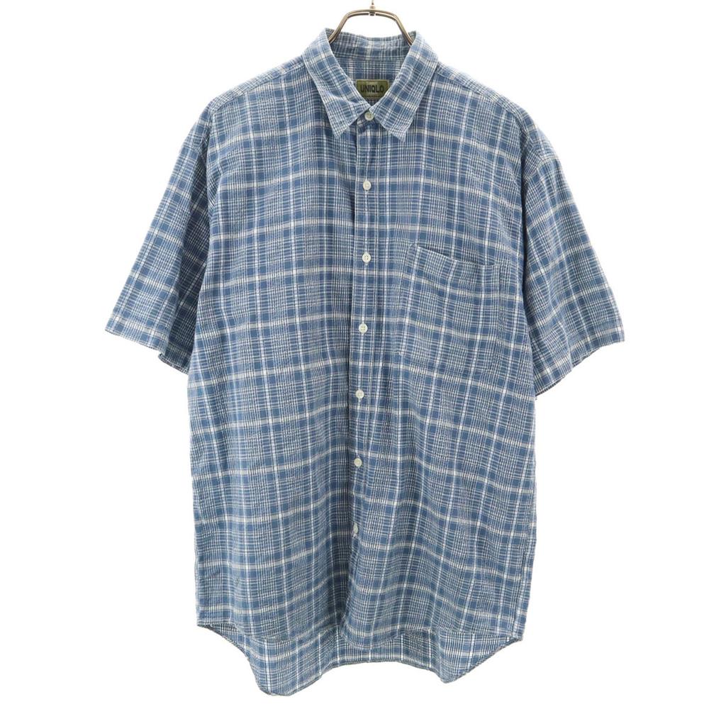 Uniqlo Old Check Pattern Short Sleeve Seersucker Shirt L Blue and Navy Men's Used