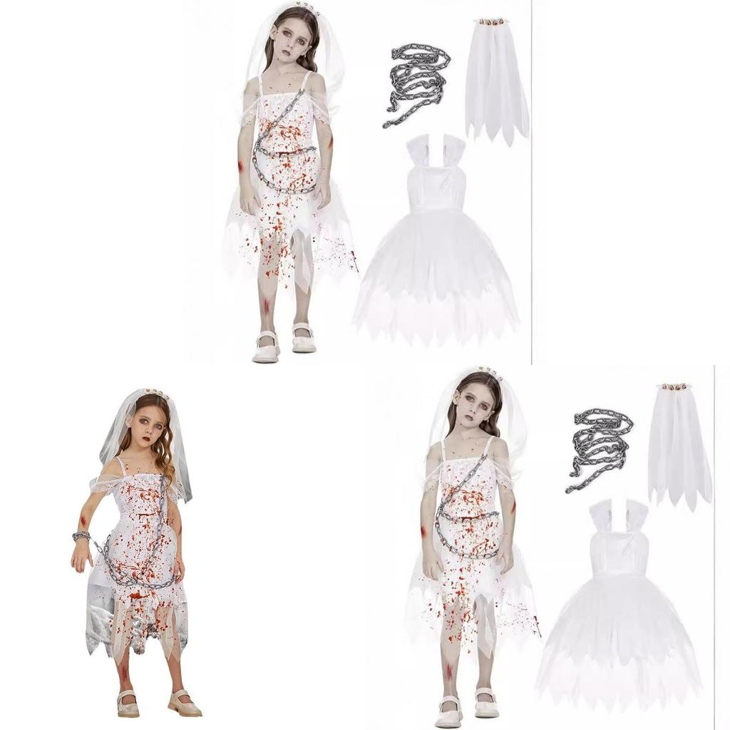 Costume Strega Fantasma Sposa di Halloween per Bambine con Pizzo Rete e Stampa per Festa Bambini