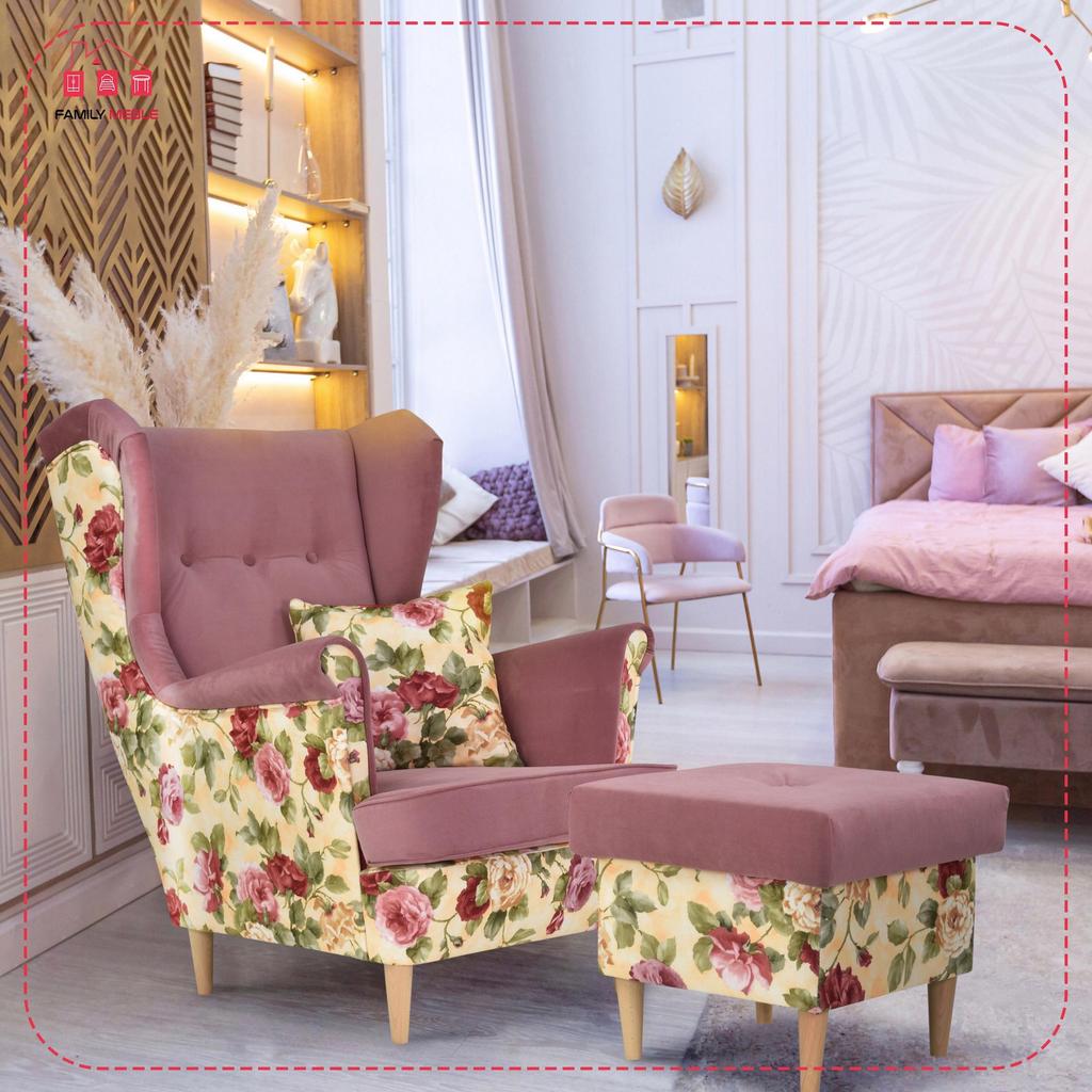 Fotel uszak Ari Print Duo z podnóżkiem, skandynawski Family Meble pufa