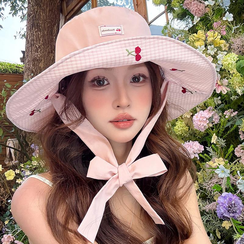 New Retro Plaid Fisherman Hat Woman's Spring And Summer Sunshade Sunscreen Basin Caps Versatile Star Embroidered Large Eave Hats