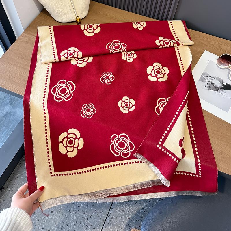 New Camellia Flower Cashmere Scarf Women Winter Shawl Warm Neckerchief Print Thick Blanket Poncho Bufanda Bandana Lady Headscarf