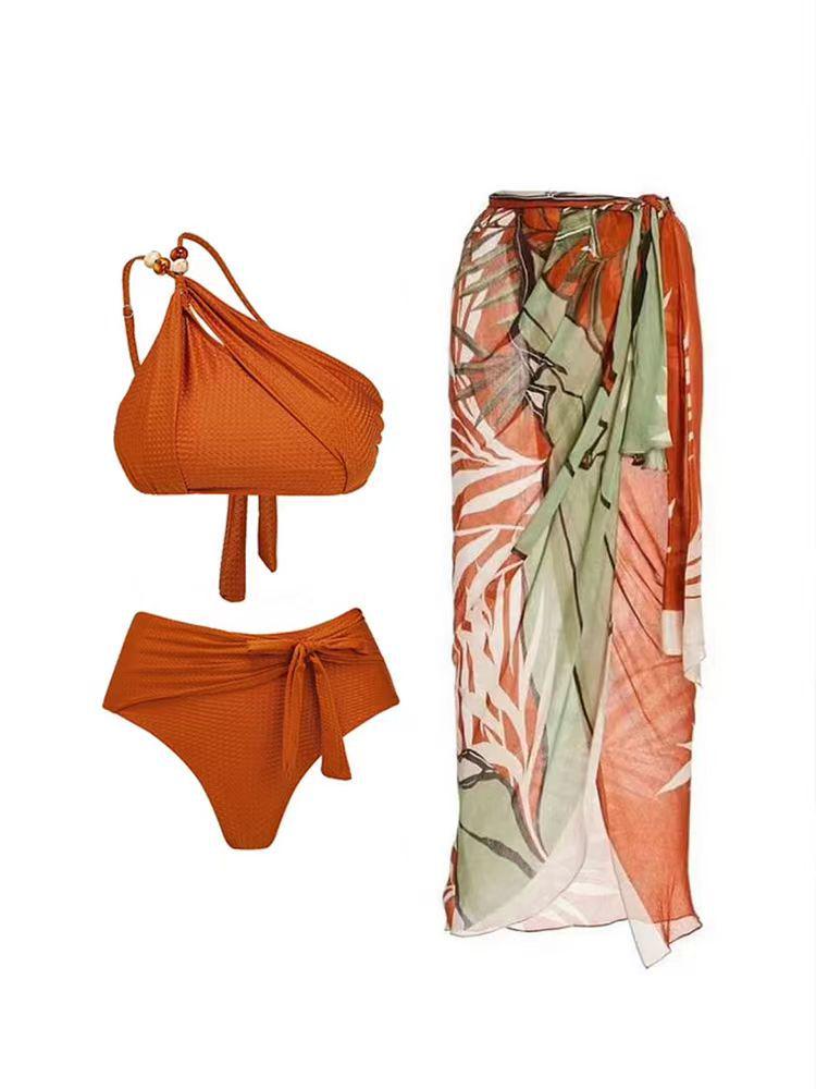 2025 Women's Beaded One-Shoulder Slimming Swimsuit: Tummy-Covering Bikini & Sun Protection Gauze Skirt