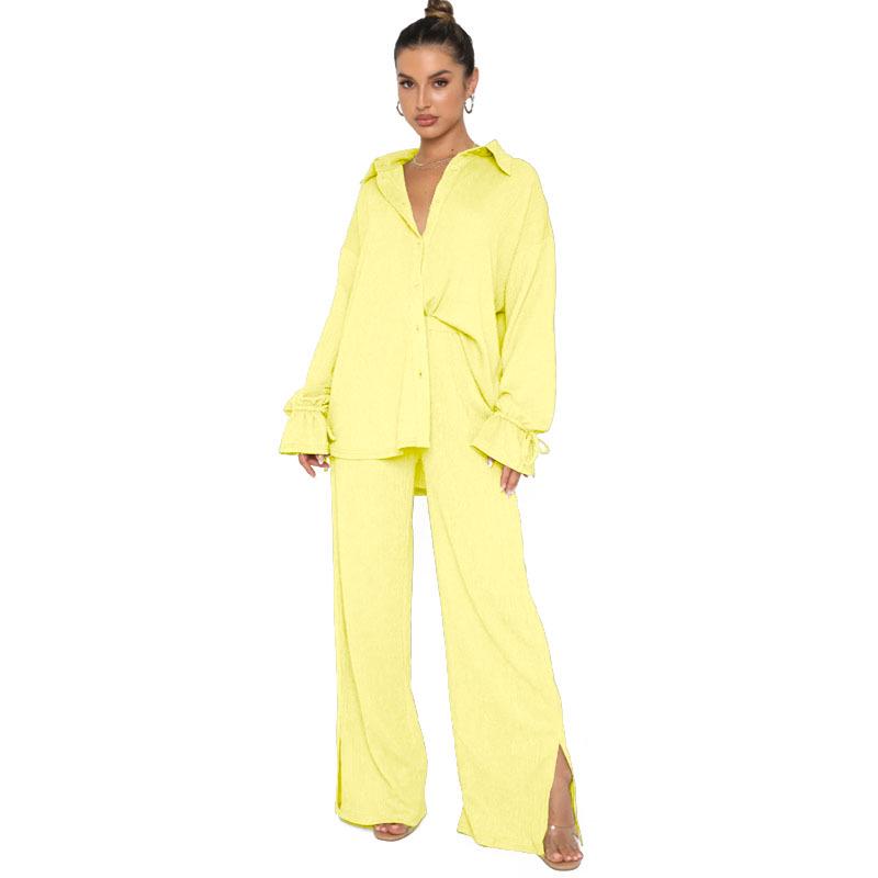 Evropský a americký jednobarevný top s dlouhým rukávem a klopami se zavazováním a sada kalhot pro podzim/zimu