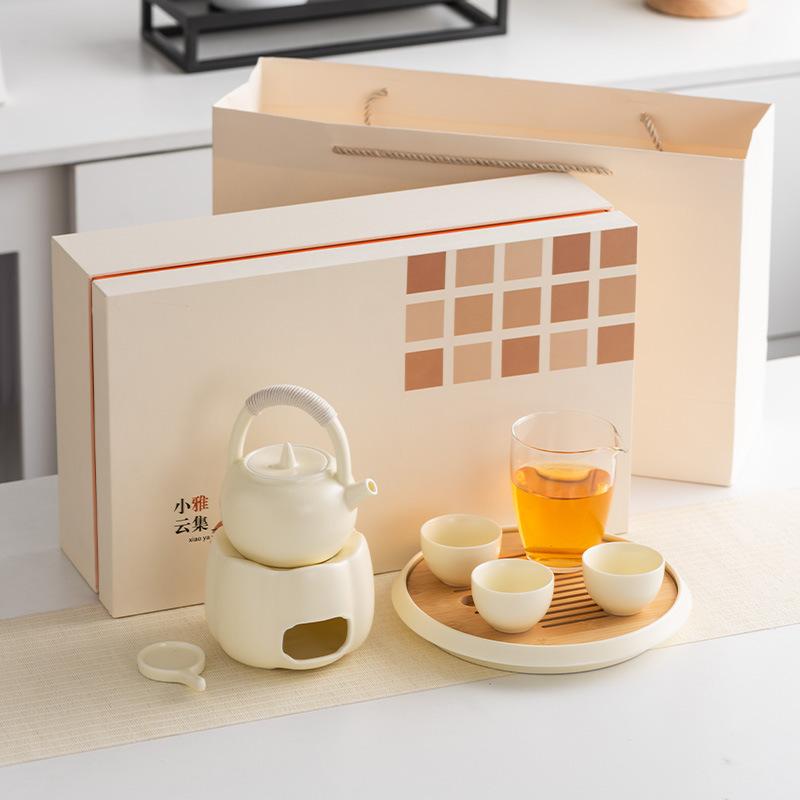 Light Luxury Xiaoya Yunji Set Cream Yellow Beam Pot Brewing Teapot Teacup Dry Brewing Plate Complete Set Household Warm Brewing Tea Stove