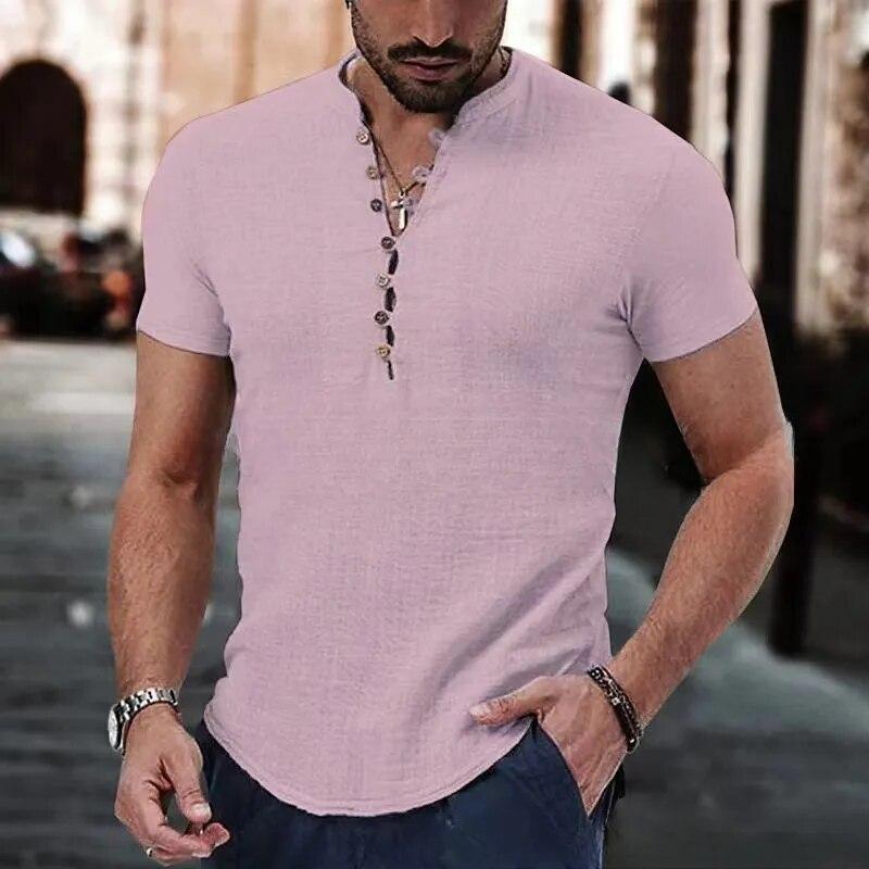 New Men's Short Sleeve Tshirt Button Cotton Linen Shirt Men's Casual Clothes Popular Tops for Men