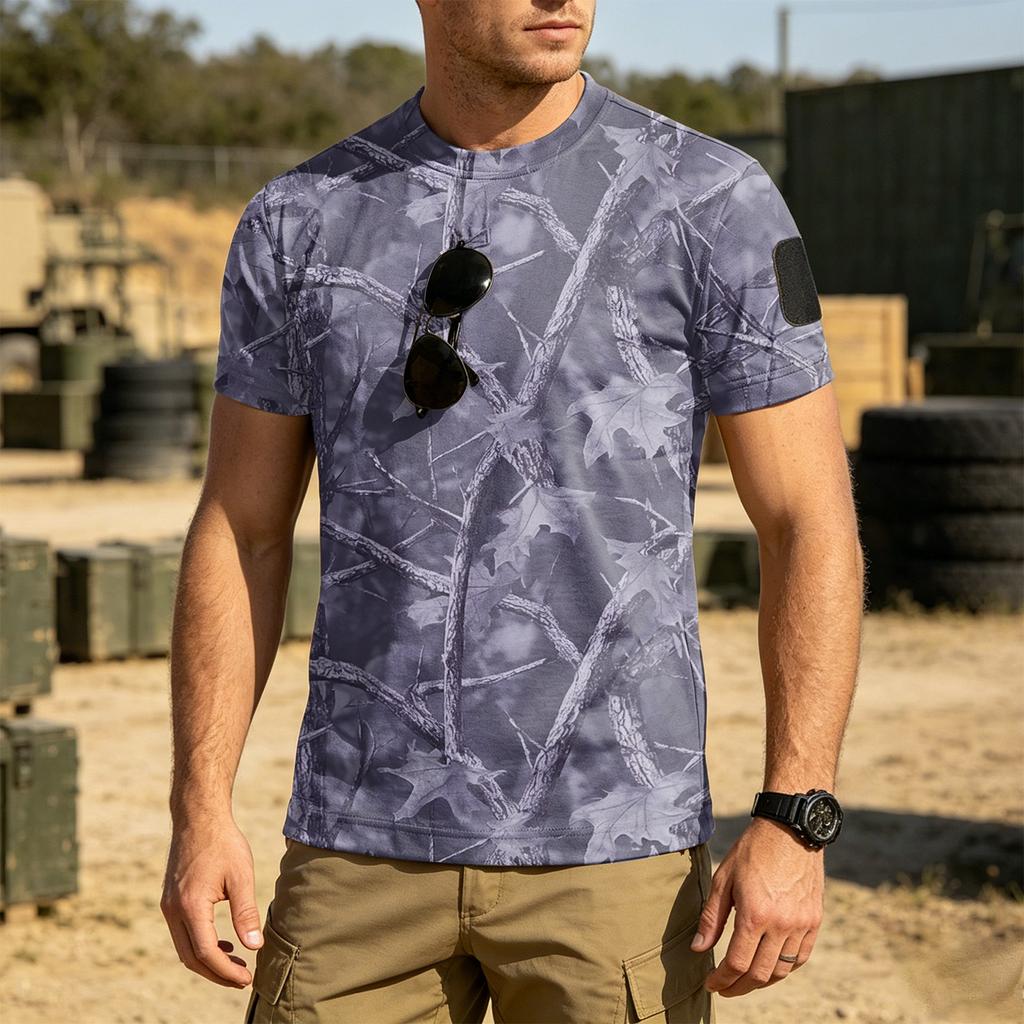 Men's Tactical Short Sleeve T Shirt Loose Fit Breathable Quick Dry Outdoor Sports Tee with Hook and Loop Patch Area