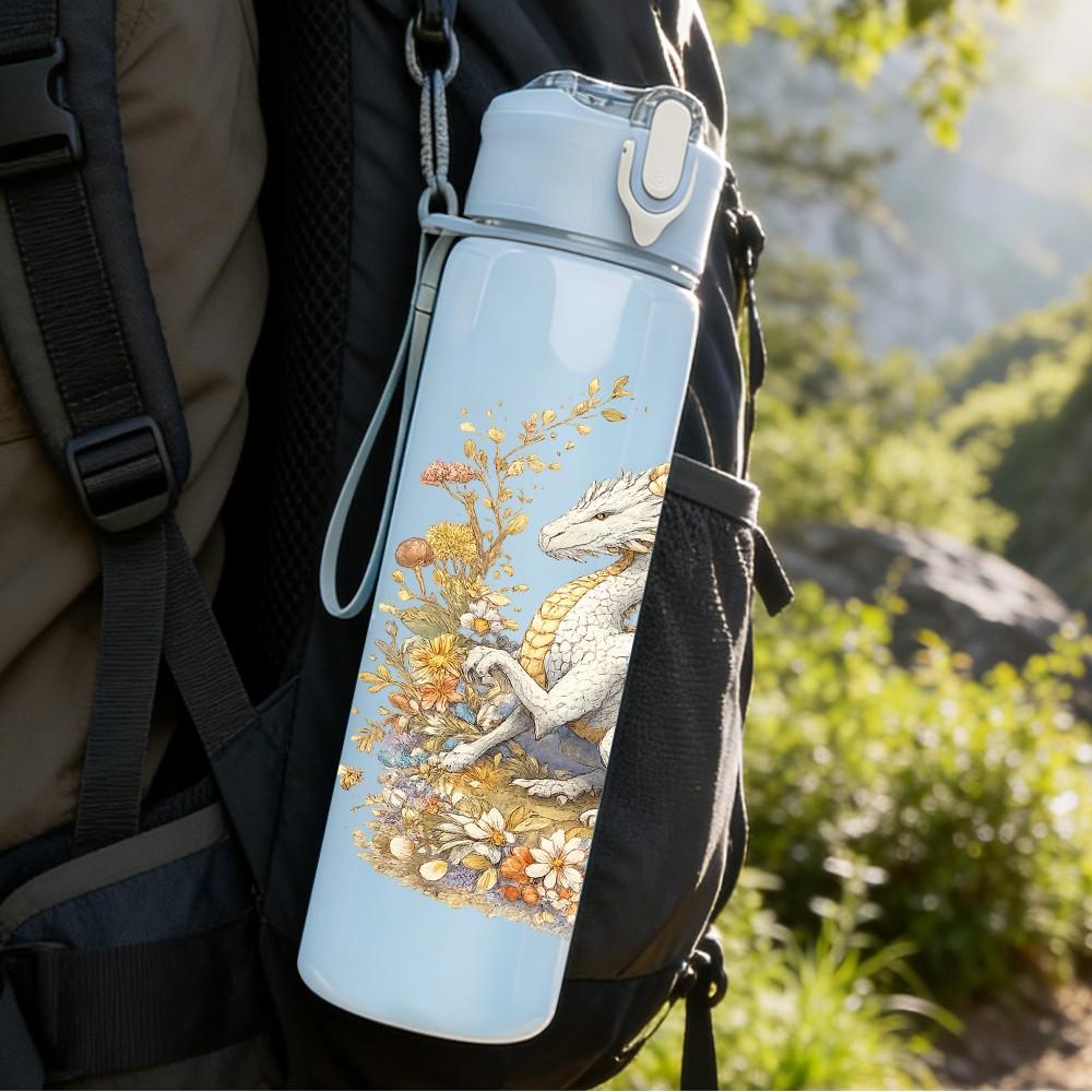 1PC White Gold Winged Dragon Print 750ml Color Plastic Sports Water Bottle Leakproof Flip Straw Lid Suitable for Sports Office Home Use