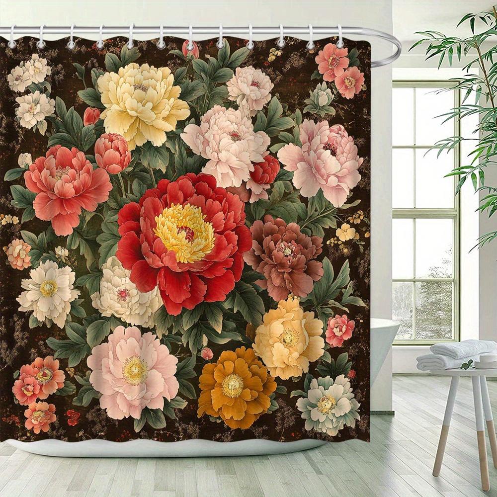 Elegant Peony Floral Shower Curtain -Waterproof,Mildew-Resistant With Vibrant Flowers For A Classic And Luxurious Bathroom Decor