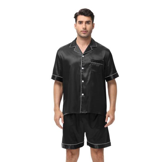 2 Teile/satz Männer Pyjamas Set Revers Kurzarm Einreiher Tops Elastische Taille Shorts Set Einfarbig Satin Nachtwäsche
