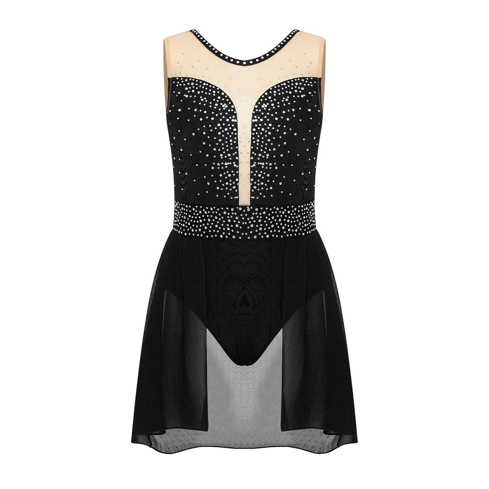 

Ліричний танцювальний купальник для дівчат із блискучими стразами та хрест-навхрест із спідницею на спині