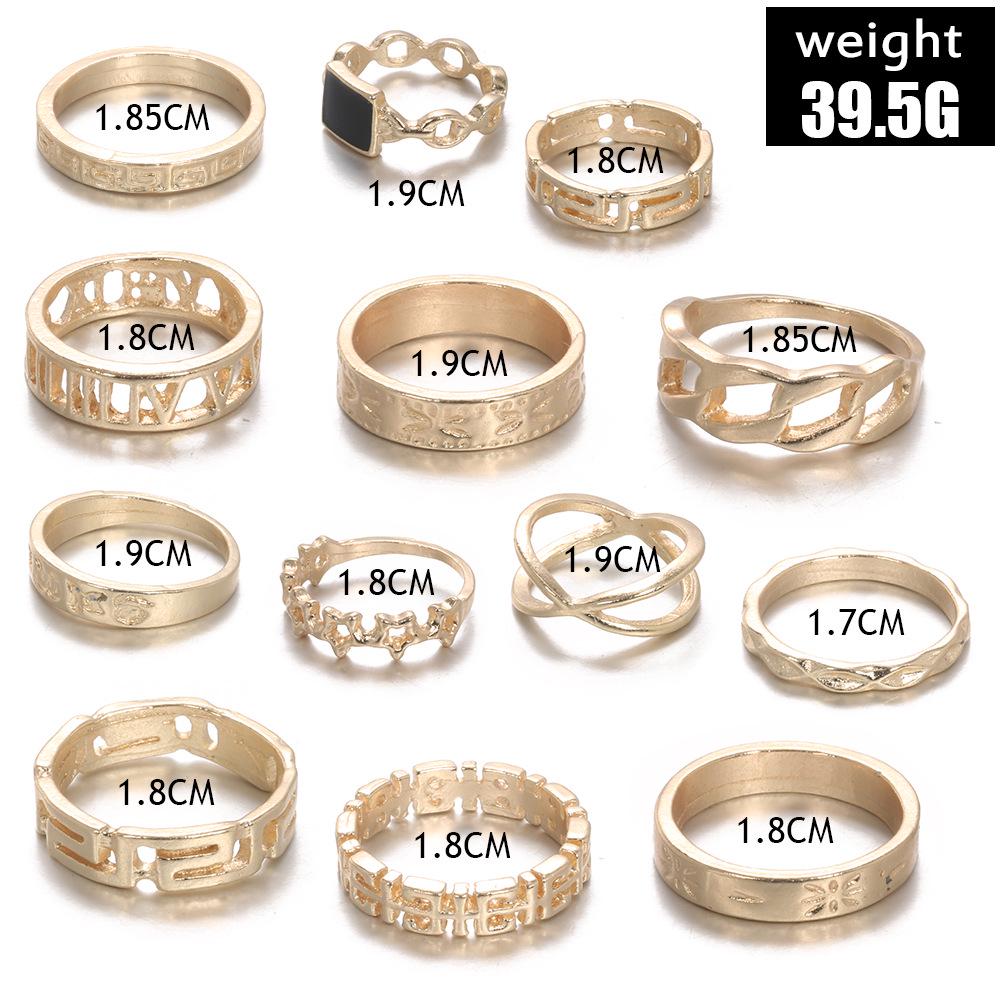 13pcs/set Exaggerated Punk Style Metal Ring Star Black Ring Set