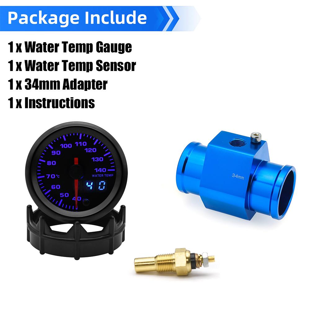 2“ 52mm Water Temperature Gauge 40-140 Celsius 7 Colors Backlight Water Temp Sensor Joint Pipe Sensor Hose Adapter For 12V Car