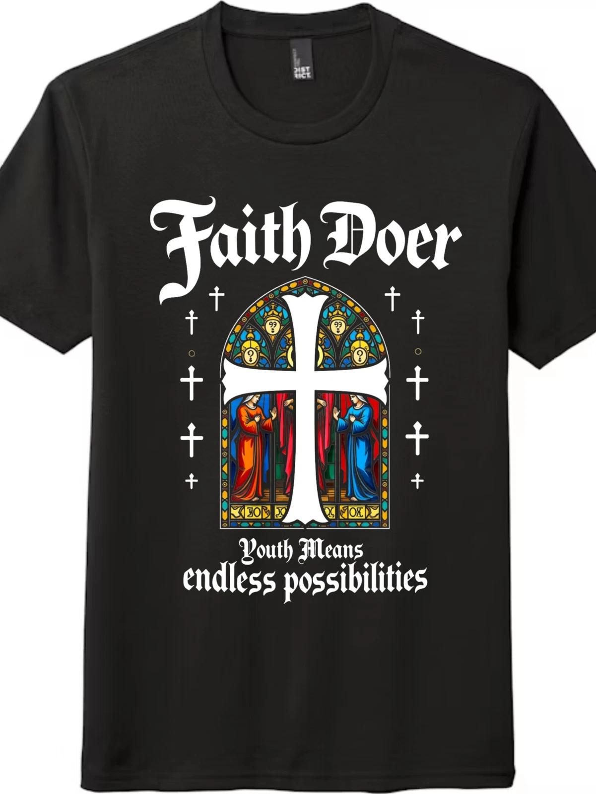 Unisex Retro Faith Doer Cross T-Shirt-Gothic Stained Glass Christian Graphic Tee XL