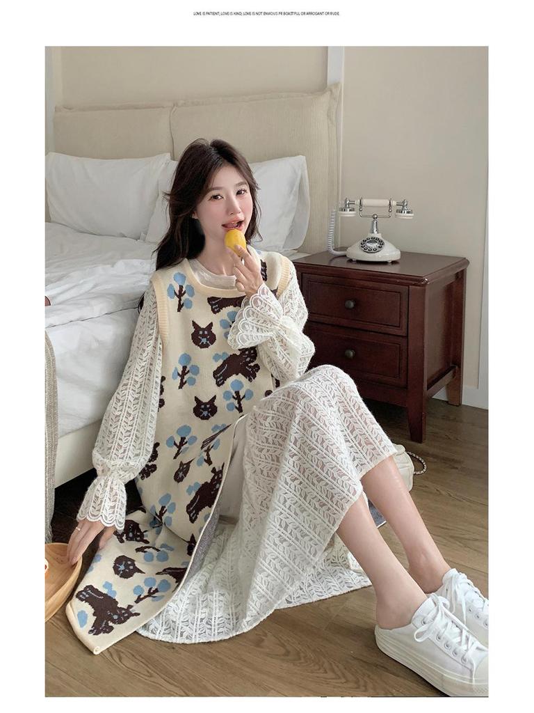 2025 Trendy French Printed Vest & Hollow Long Skirt Set: Sweet, Gentle Two-Piece Dress Suit
