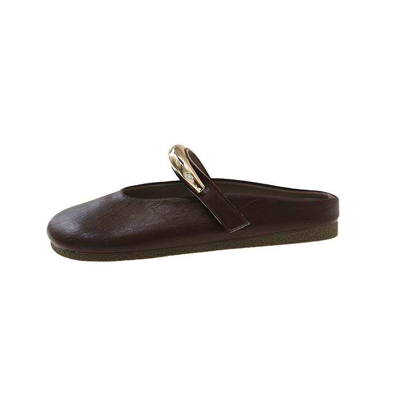 French bag head half drag single shoes women's 2025 spring and summer new metal buckle flat bottom one pedal lazy Mary Jane sandals