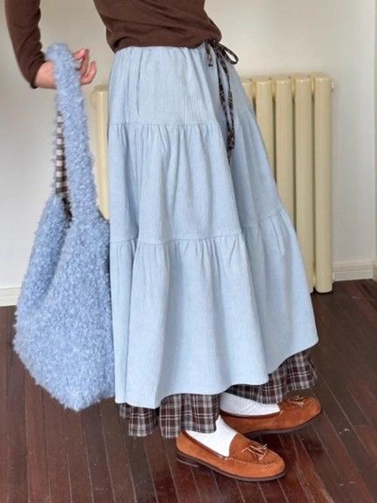 Japanese Retro Brown Plaid Double-Layer Cake Skirt for Women - Autumn/Winter Fake Two-Piece Design 