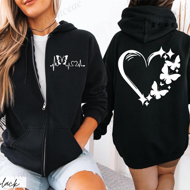 New Fashion Zipper Hooded Hoodie Clothes Butterfly Heart Printed Fashion Sweatshirts Casual Fashion Zip Up Jackets Coat Tops