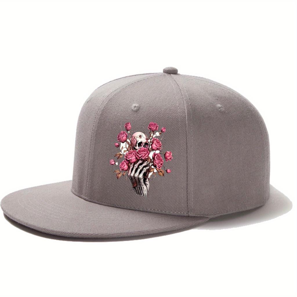 Skull and Roses Graphic Flat Brim Baseball Cap Polyester Adjustable HipHop Streetwear Hat Casual