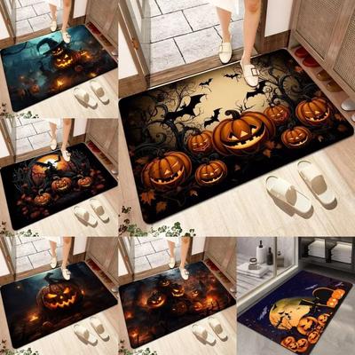 Gruseliger Halloween-Cartoon Rutschfest Weich Waschbar Innen Teppich Teppich Fußmatte - Kürbis Geist Schwarze Katze Fledermaus Festliche Heimdekoration